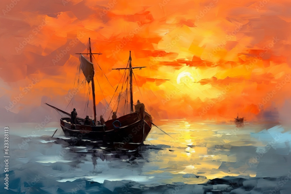 Oil Painting of a Fisherman Boat at Sunset on Sea. Sea Landscape concept. AI Generative