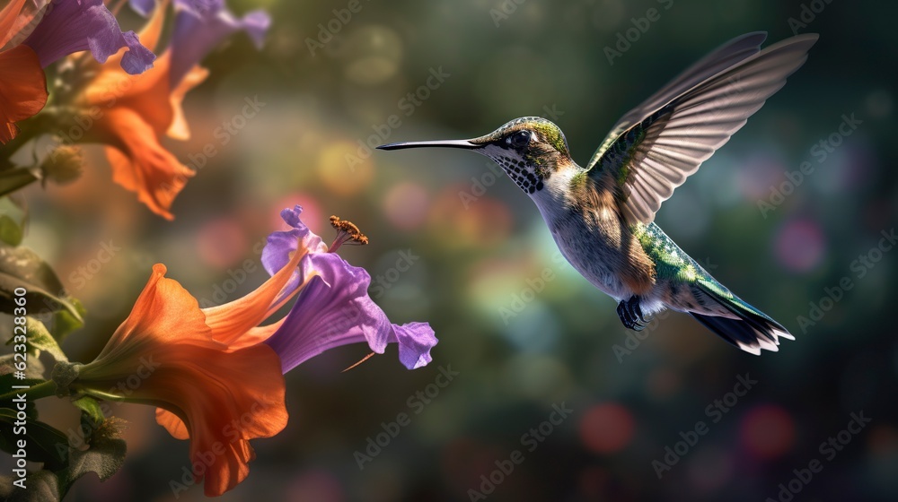 Naklejka premium Hummingbird flying to pick up nectar from a beautiful flower. Digital artwork. AI Generative