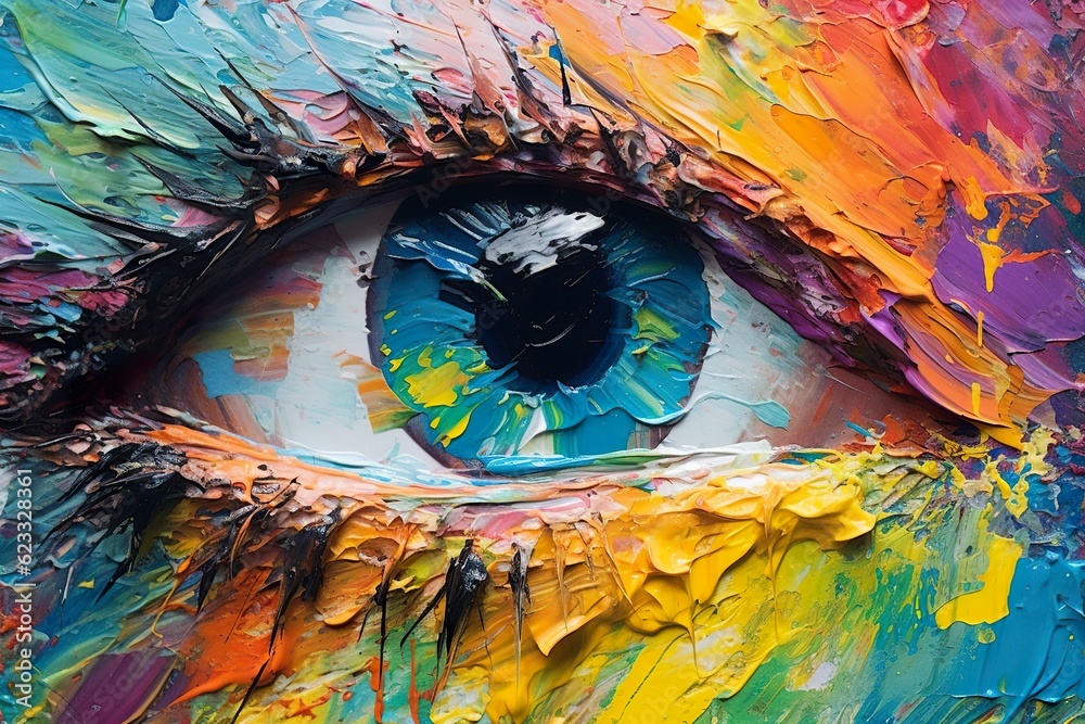 “Fluorite” oil painting. Conceptual abstract picture of the eye. Oil painting in colorful colors. Conceptual abstract closeup of an oil painting and palette knife on canvas. AI Generative