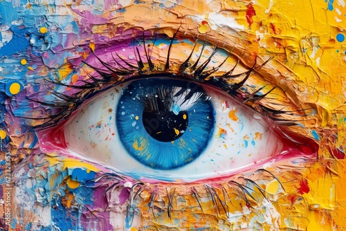    Fluorite    oil painting. Conceptual abstract picture of the eye. Oil painting in colorful colors. Conceptual abstract closeup of an oil painting and palette knife on canvas. AI Generative