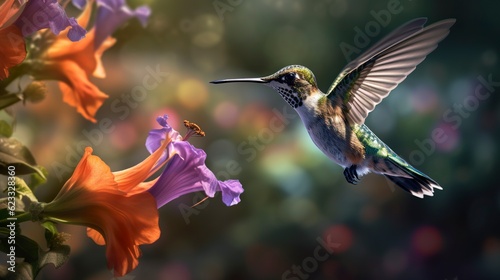 Hummingbird flying to pick up nectar from a beautiful flower. Digital artwork. AI Generative