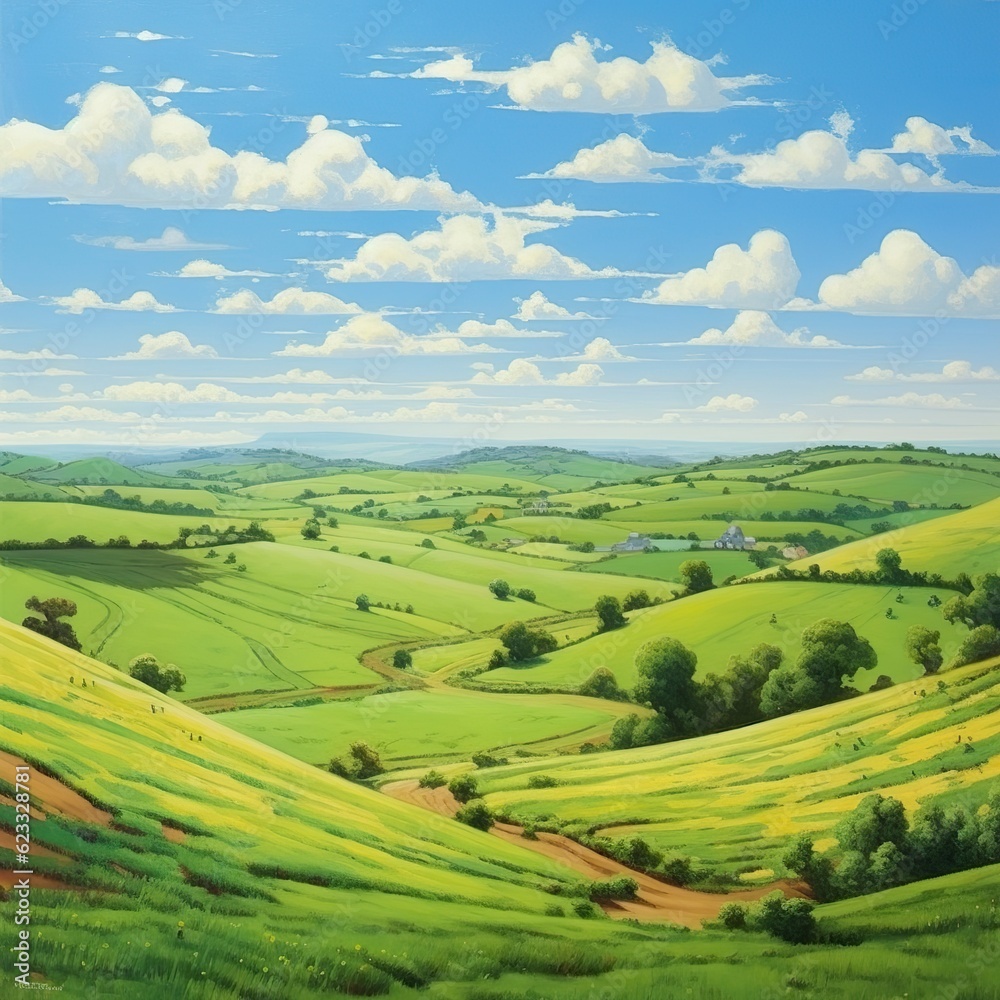 Fototapeta premium Green Fields, Rolling Hills, Spring Landscape under Blue Sky. AI Generative