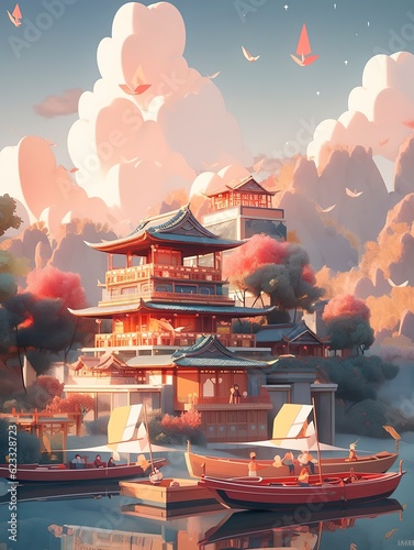 Auspicious Clouds and Yangtze River with Many Boats. A Multi-dimensional Paper Kirigami Craft Illustration in Chinese Traditional Painting Style. AI Generative