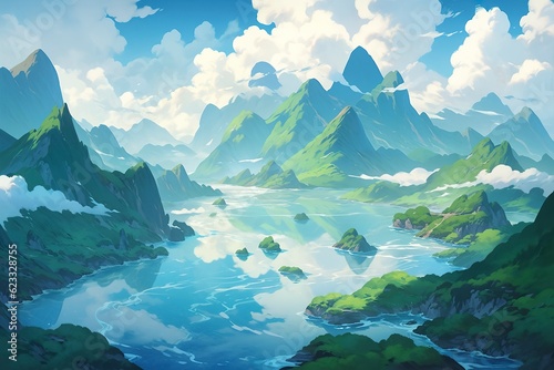 Whimsical Cartoons of Green Mountains in the Sky, Traditional Oceanic Art, Translucent Water, and Majestic Ports. AI Generative