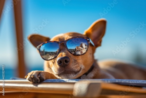 Dog Puppy wearing sunglasses, lying on a sunbed to sunbath at the beach sea on summer vacation, holidays. Funny concept. AI Generative © MstAsma