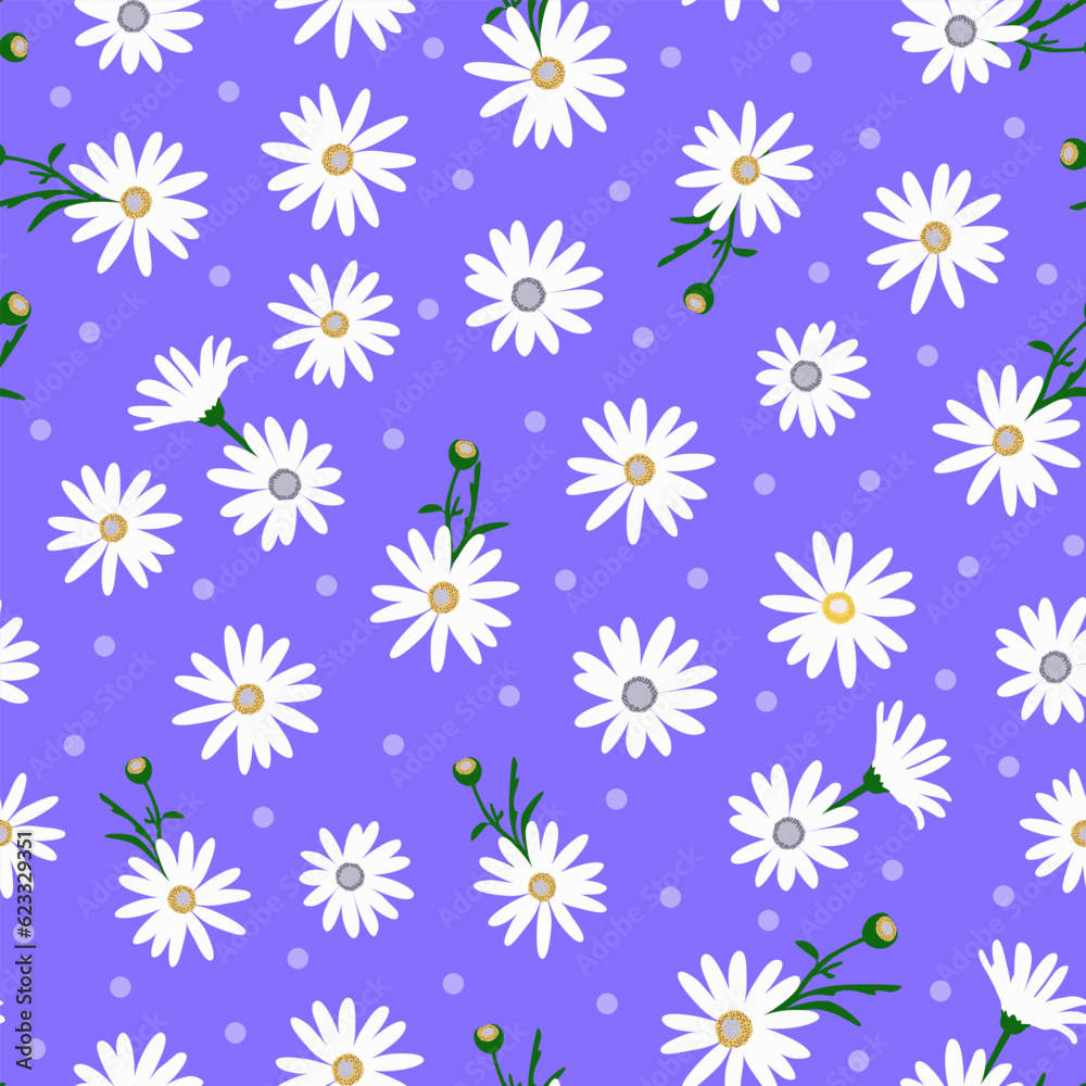 ditsy daisy blue pattern. white floral print and polka dots. good for fabric, fashion design, wallpaper, summer spring dress, textile, pajama, resort wear, background.