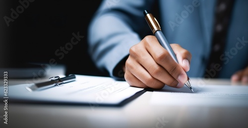 Businessman use pen to tick correct sign mark in checkbox for quality document control checklist and business approve project concept.  AI Generative