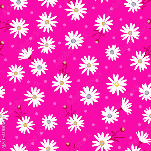 ditsy daisy floral print. pink flower seamless pattern with polka dots. good for fabric, summer spring dress, wallpaper, pajama, kimono, fashion design, textile, background. © hartami