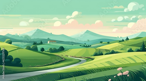 Green Rolling Hills in the Background, Paved Road in the Foreground. AI Generative