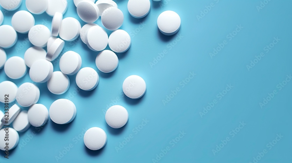 Top view white medicine tablets antibiotic pills on a soft blue background, copy space, Pharmacy theme, AI Generative