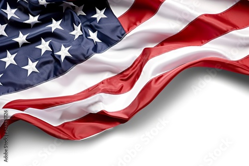 Closeup ruffled American flag isolated. solid white backgroud. AI Generative
