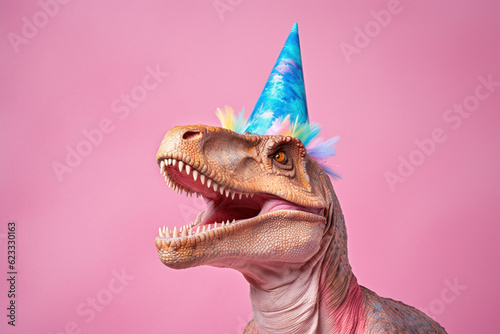 Head of pastel colored dinosaur with party hat on pink background © Firn