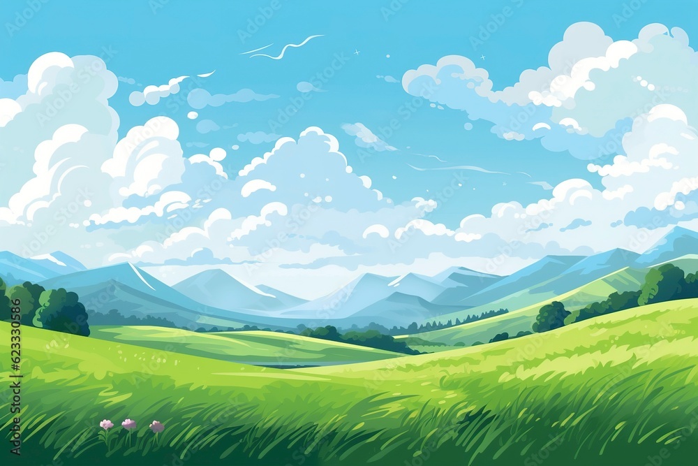 Geometric Mountain Landscape with Clouds and a Green Field. AI Generative