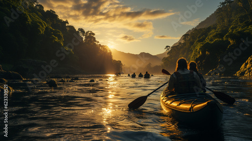  A group of friends enjoying fun and kayaking exploring the calm river. Generative Ai