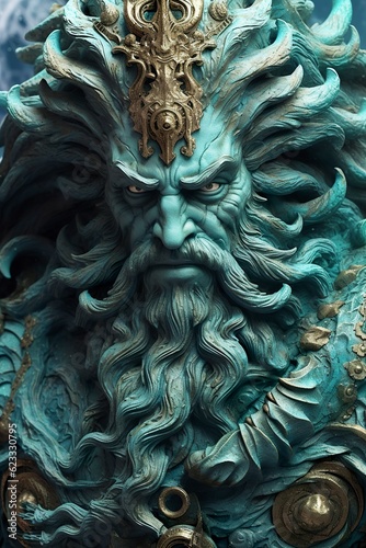 The gods of the sea Zeus god Necronomicon gods of the sea god, futuristic, sci-fi elements, dark bronze and light azure, close up, AI Generative