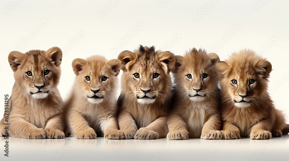 Lion cubs posing in front of a camera, Generative AI
