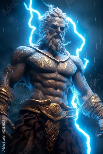 Image of a god with lightning behind him, fantasy characters. AI Generative