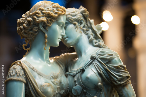 Profile of an ancient Goddesses marble statue with a lovely kiss, ancient city crystal blue light background. LGBT concept. AI Generative © Elena
