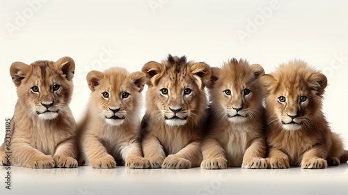 Lion cubs posing in front of a camera  Generative AI