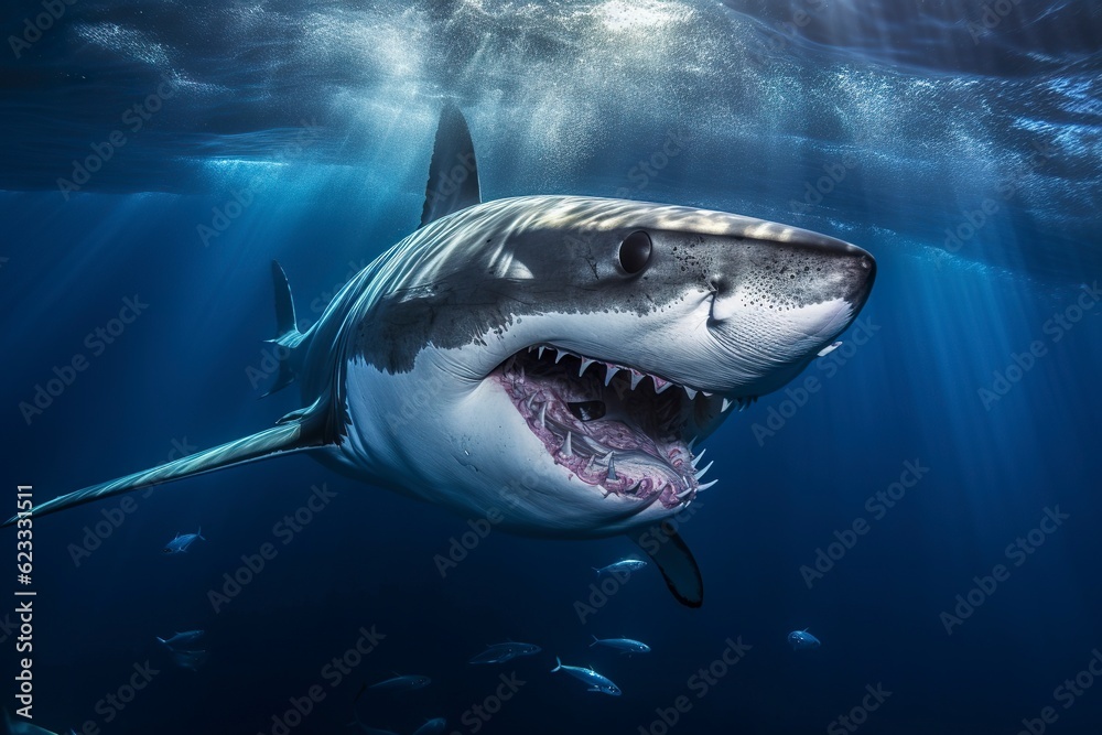 Fototapeta premium The King of the Ocean, The Great White male shark Hunter underwater view, Guadalupe island, Mexico. AI Generative