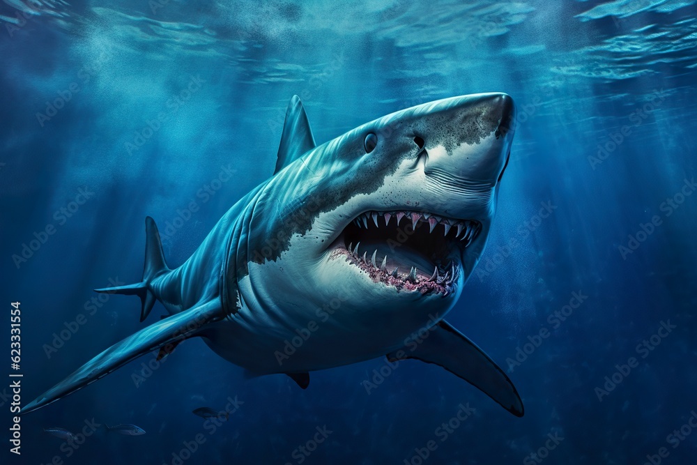 Naklejka premium The King of the Ocean, The Great White male shark Hunter underwater view, Guadalupe island, Mexico. AI Generative