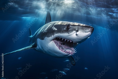 The King of the Ocean  The Great White male shark Hunter underwater view  Guadalupe island  Mexico. AI Generative