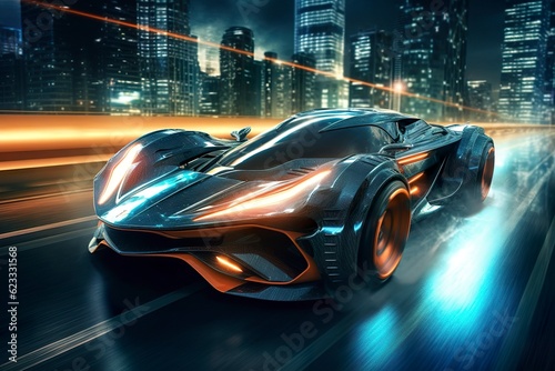 Fast Shutter Speed Creates Dynamic and Action Packed Image of Futuristic Car. AI Generative © MstAsma