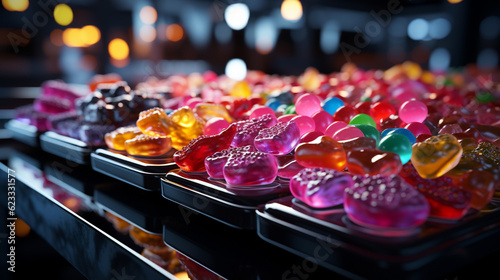Fotografie, Obraz Sweets candy on factory conveyor. Generative Ai