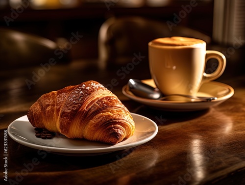 cup of coffee and croissant on wooden table, close-up scene