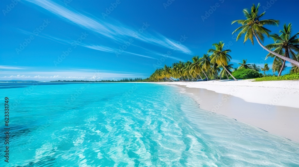 Tropical paradise beach with white sand and crystal clear blue water. Beautiful natural summer vacation holidays background. Travel tourism wide panorama background concept. AI Generative