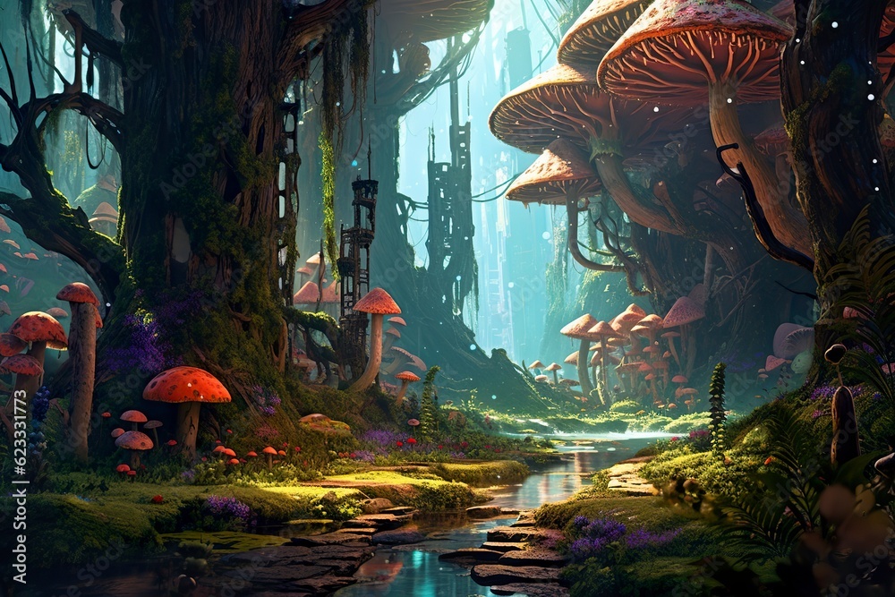 the forest is lit up with mushrooms and flowers, in the style of realistic fantasy artwork, fantastical street, dark emerald and light cyan, AI Generative