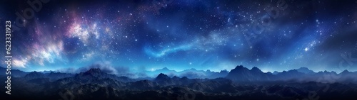 Panorama dark blue night sky, milky way and stars on dark background, Universe filled with stars, nebula and galaxy,  AI Generative © MstAsma