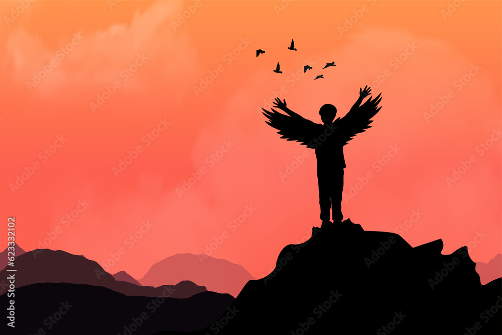 Silhouette of a child with wings who wants to fly. Freedom concept. Imagination concept.