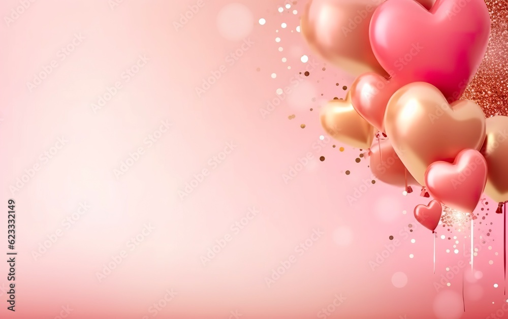 Happy Valentines Day banner. Pink and gold hearts foil balloons with gifts on pink bokeh. Valentine's Day background. Romantic banner Background, empty space for text,  AI Generative