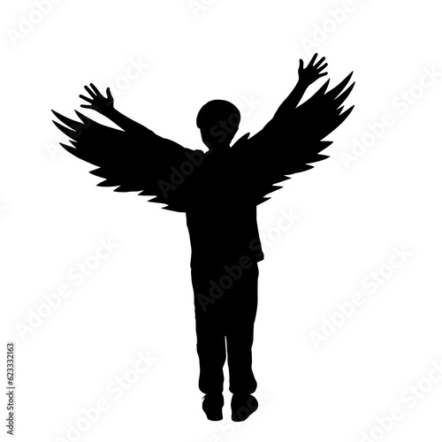 A child with wings. Freedom and Imagination concept. Liberation, imaginative, wish and magical.