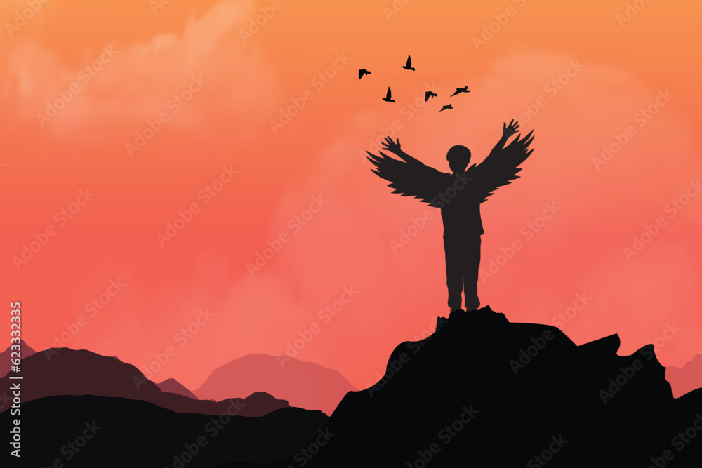 Silhouette of a child with wings who wants to fly. Freedom concept.a tale of imagination. Vector art.