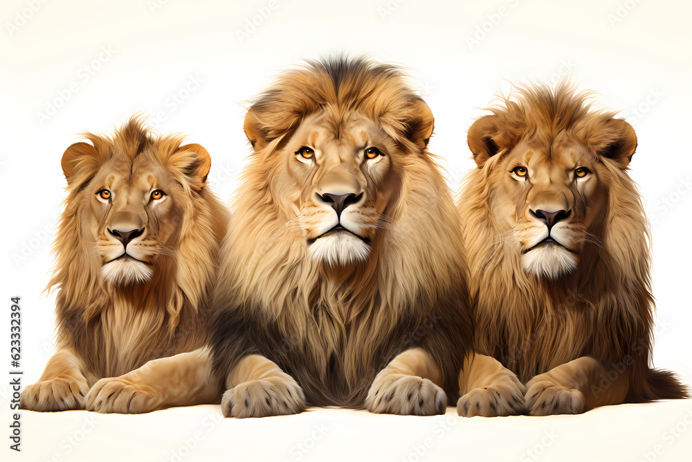 Panoramic shot of three lions sitting next to each other, Generative AI Panoramic shot of three lions sitting next to each other, Generative AI