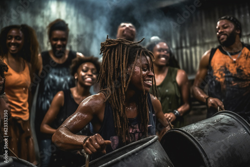 Wet and sweaty black people play tambires at late night party