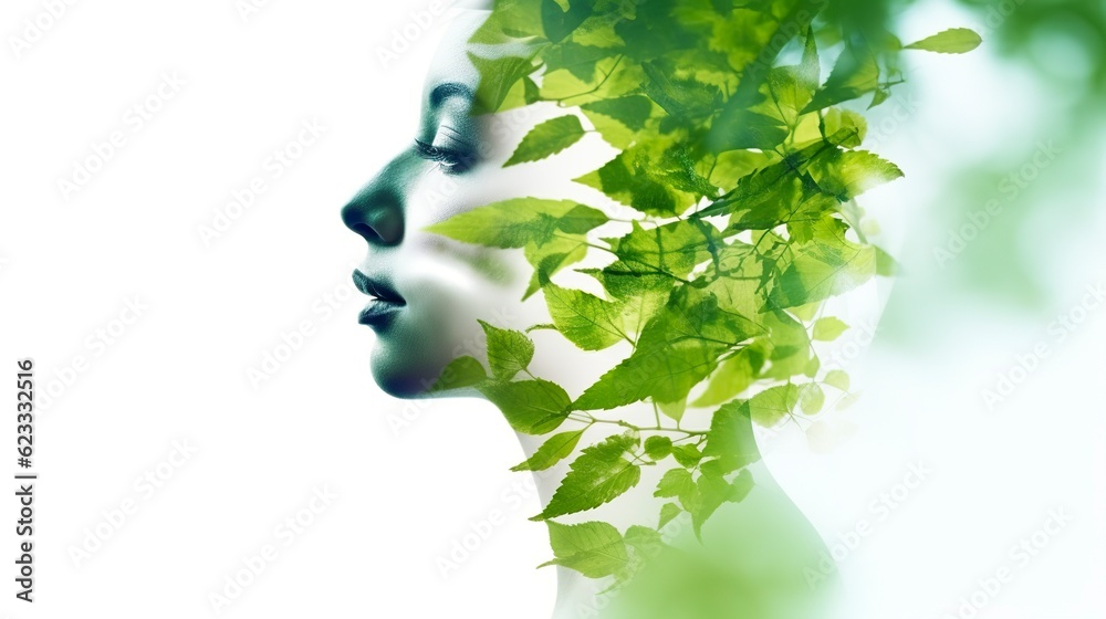 Nature tree geen leaves combines with the beauty of young attractive woman. Mental Health concept AI Generative.