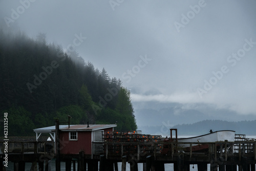 Misty and foggy morning over Hoonah, Icy Strait Point bay in early hours magical landscape scenery tranquility peaceful nature in Alaska during cruise with mountains, trees and woods and low cloudscap photo