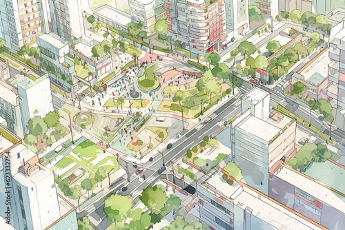 Urban planning sketch highlighting sustainable elements like green spaces, public transportation, and pedestrian zones, AI Generative