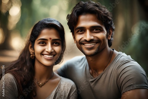 A happy smiling young Indian couple. (AI-generated fictional illustration) 