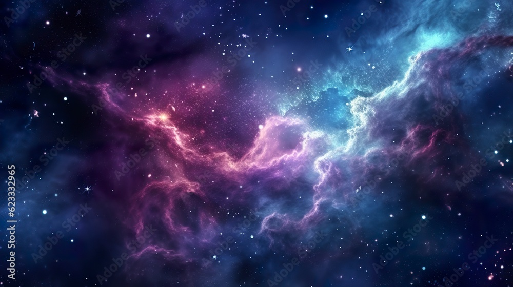 Nebula Galaxy Background With Purple Blue Outer Space. Cosmos Clouds And Beautiful Universe Night Stars. AI Generative