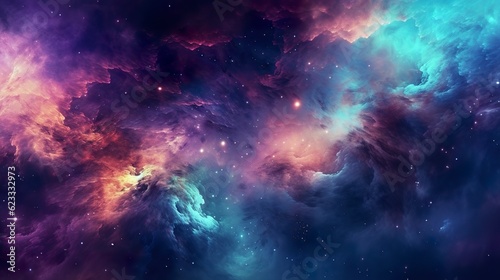 Nebula Galaxy Background With Purple Blue Outer Space. Cosmos Clouds And Beautiful Universe Night Stars. AI Generative © MstAsma