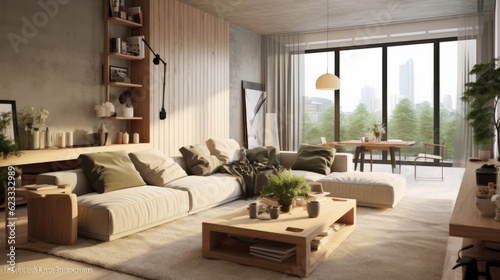 contemporary living room interior deisgn house beautiful with natural color scheme view of forest mountain hill nature background ,ai generate © VERTEX SPACE