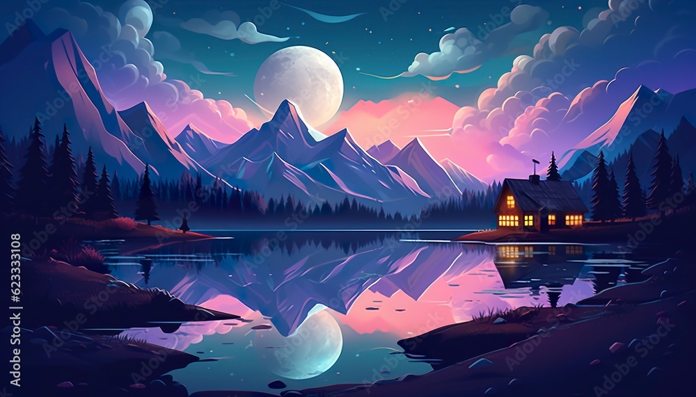 Moonlight mountain scene, house beside a lake. AI Generative
