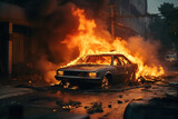 Burning car in flames fire. Crime, riot, arson concept
