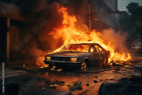 Burning car in flames fire. Crime, riot, arson concept © Sergio