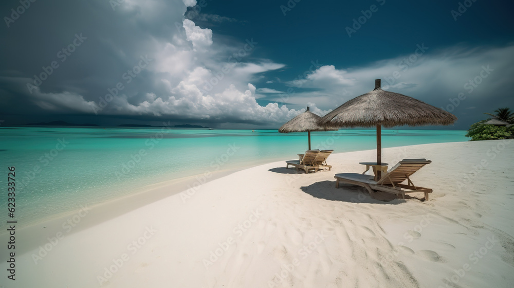 Beautiful tropical beach with coconut palm trees, beach chairs, umbrella and blue sky created with generative AI technology. Beautiful tropical beach with coconut palm trees, beach chairs, umbrella and blue sky created with generative AI technology.