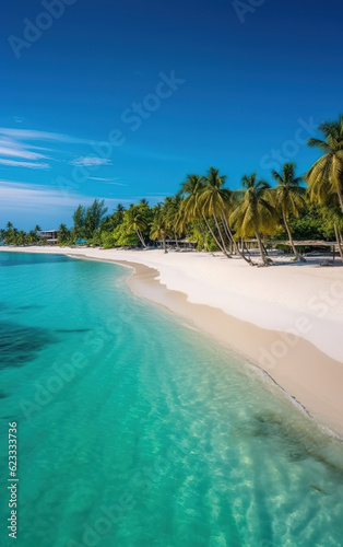 Beautiful tropical beach with coconut palm trees and blue sky. created with generative AI technology. © hakule